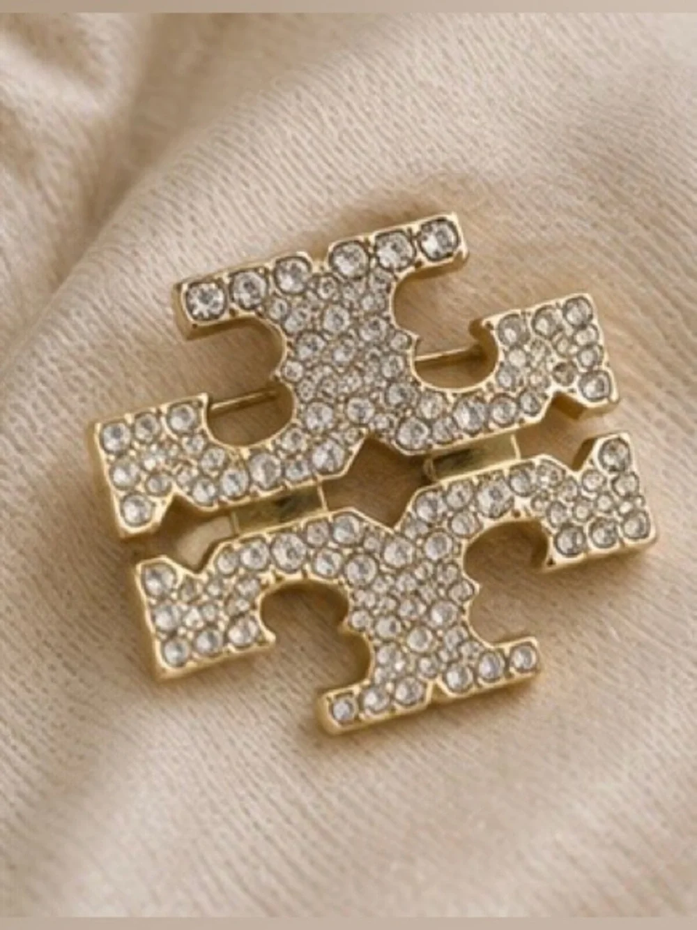 Gold Tone Crystal Statement Brooch Rhinestone Double T Pin